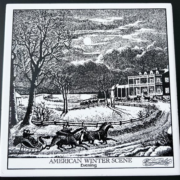 Vintage Currier & Ives American Winter Scene Evening 6x6 Wall Art Tile Trivet - Picture 1 of 2